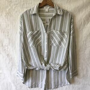 Loft White w/Green Strip Tie Front Shirt